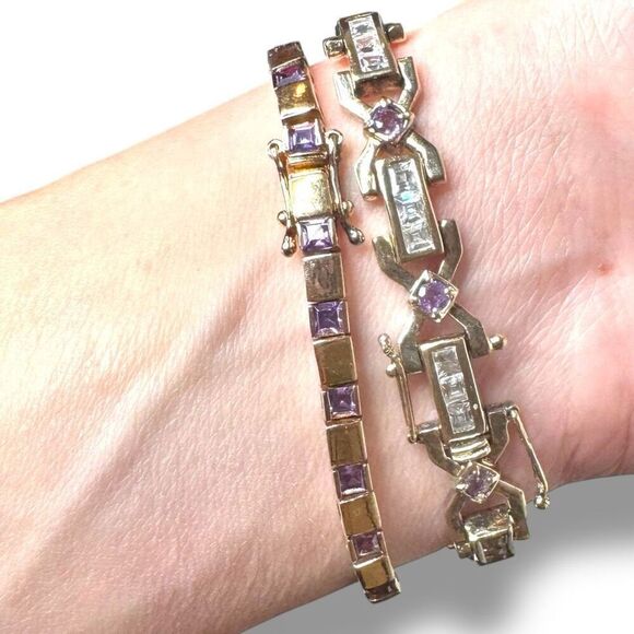 Vintage Sterling Tennis Bracelet Amethyst Purple Stones with Gold Bond 7.5” - Picture 5 of 5